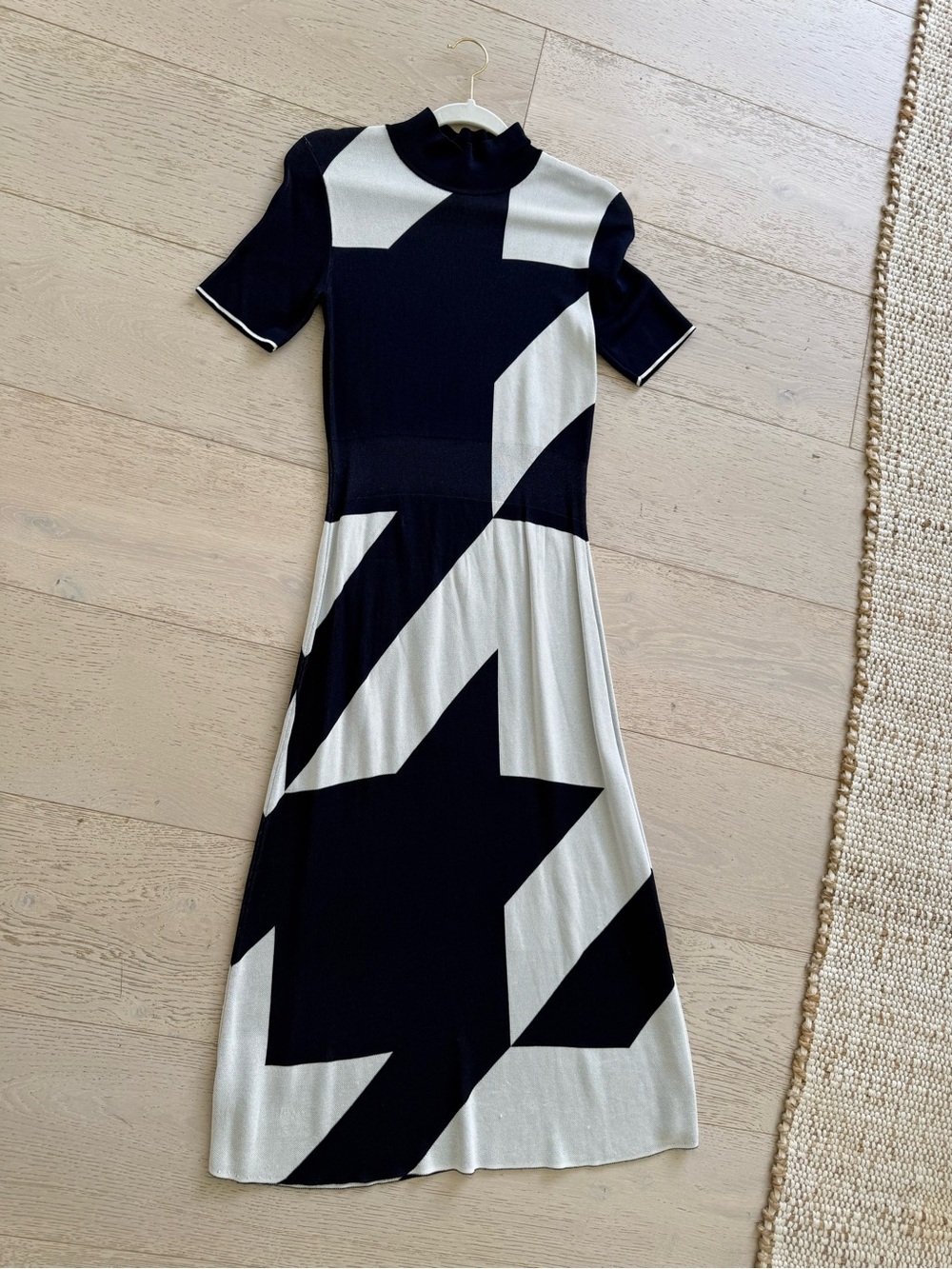 Hugo Boss Navy and White Geometric Sweater Mock Neck Maxi Dress